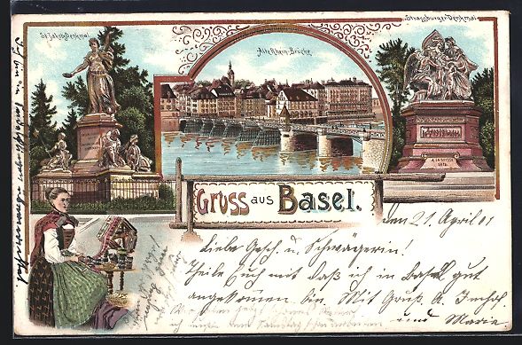 Ansichtskarten: Litho Basel, St. Jacobs Denkmal, alte Rh – Gebraucht aus Berlin von bartko-reher