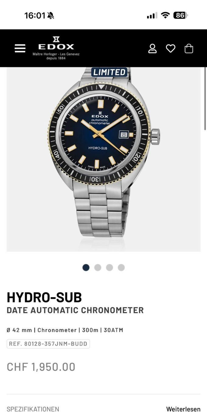 Edox Orologi: EDOX AUTOMATIC CHRONOMETER DATE HYDRO-SUB SWISS MADE SAPPHI – Nuovo e nell'imballaggio originale da Neftenbach venduto da Taschen-Uhren 1