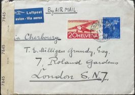 Schweiz Luftpost Zensurbrief Basel London England 1945