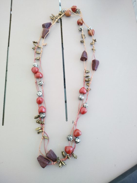 Collier Ethnique Ancien Avec Pierre Naturelle Calcédoine - Longueur 41-45 Cm, Occasion, Style Ethnique