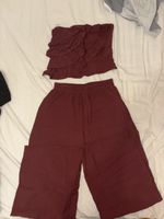 Completo donna bordeaux top con volant pantaloni lunghi