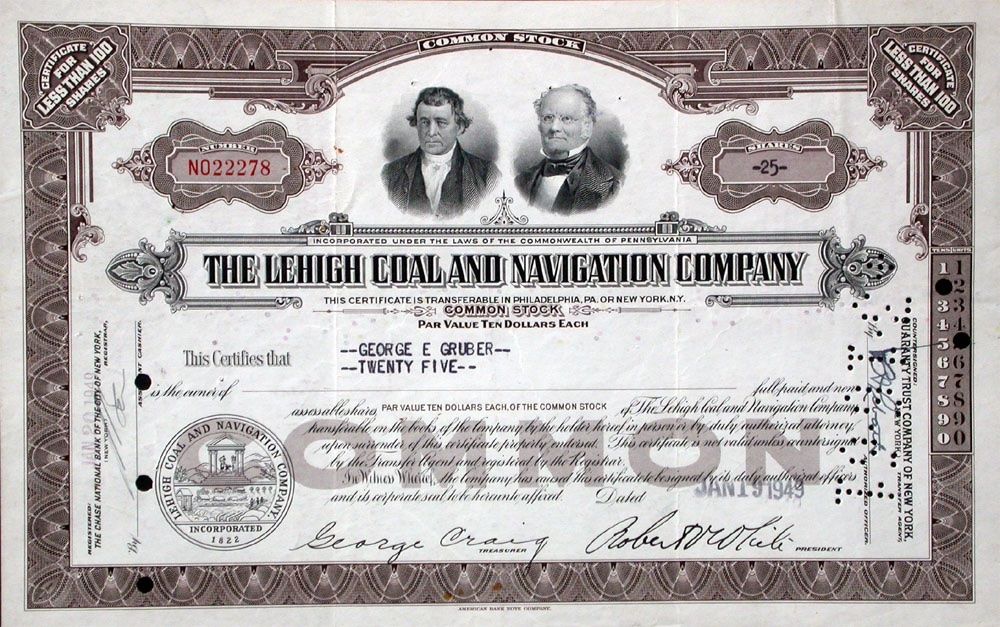 Documenti: Lehigh Coal and Navigation Company - 1948 – Usato da Solothurn venduto da Sgasche