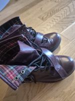 Burgundy Ankle Boots with Plaid Detail, Size 37