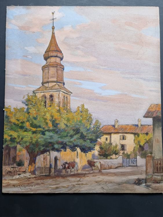 L0UIS CLERMONT  AQUARELL  KIRCHE VON YVOIRE FRANKREICH 2
