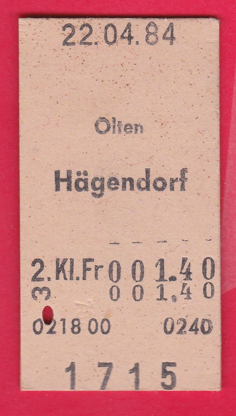 Biglietti: KARTON BILLETT, OLTEN - HÄGENDORF, 2.KLASSE, EINFACH, 1984 – Usato da Oberrieden venduto da Gebirgsstelze