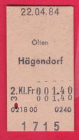KARTON BILLETT, OLTEN - HÄGENDORF, 2.KLASSE, EINFACH, 1984