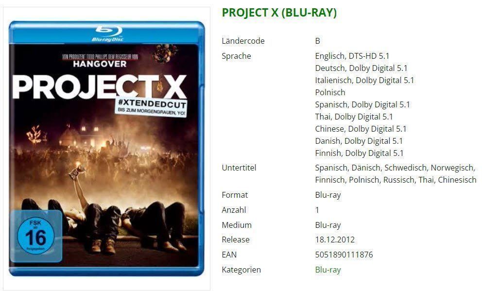 Tutti i DVDs: PROJECT X (BLU-RAY) – Usato da Emmetten venduto da SVollenweider