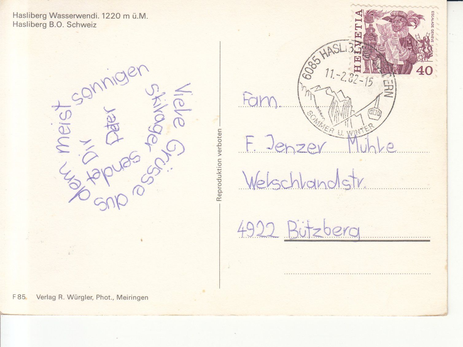 Cartoline postali: Hasliberg Wasserwendi 1982 – Usato da Bürglen TG venduto da StampGraf 1