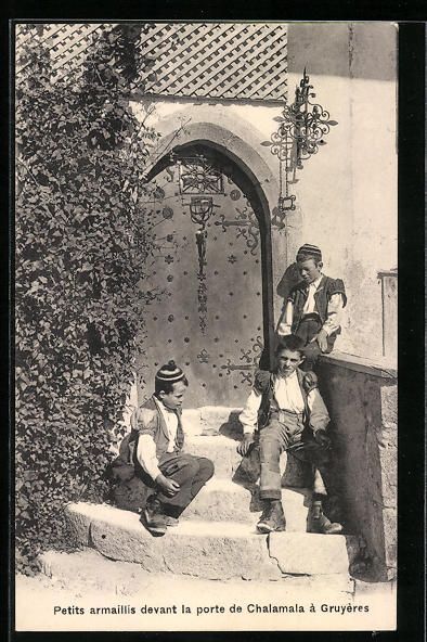 Cartoline postali: Gruyères, Petits armaillis devant la po – Usato da Berlin venduto da bartko-reher