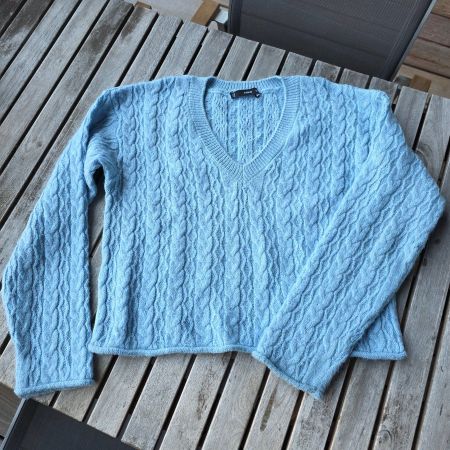 🐸 MANGO MNG CROP PULLOVER V-NECK XS / S ZOPFMUSTER EISBLAU