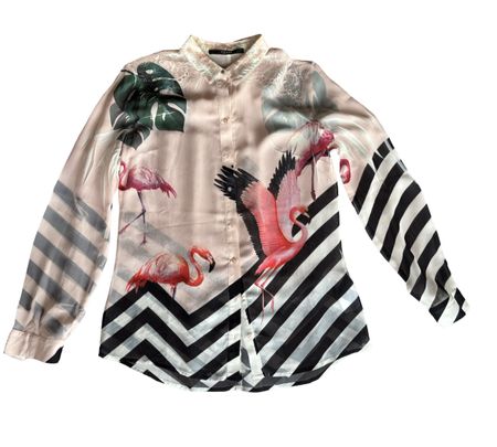 Chemise Guess T. L, dentelle, paillettes, flamants roses
