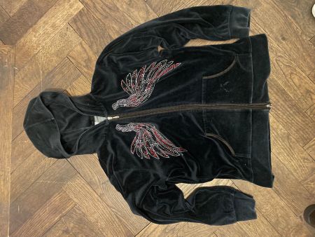 Schwarze Kapuzenjacke, Samt, Strass, Flügel, Gr. M Top!