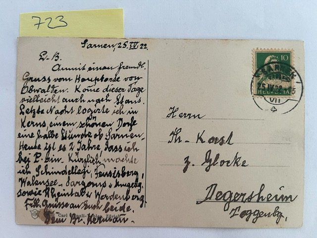 Cartoline postali: alte Ansichtskarte Sarnen, 1922 – Usato da Niederwil AG venduto da dahu75 1
