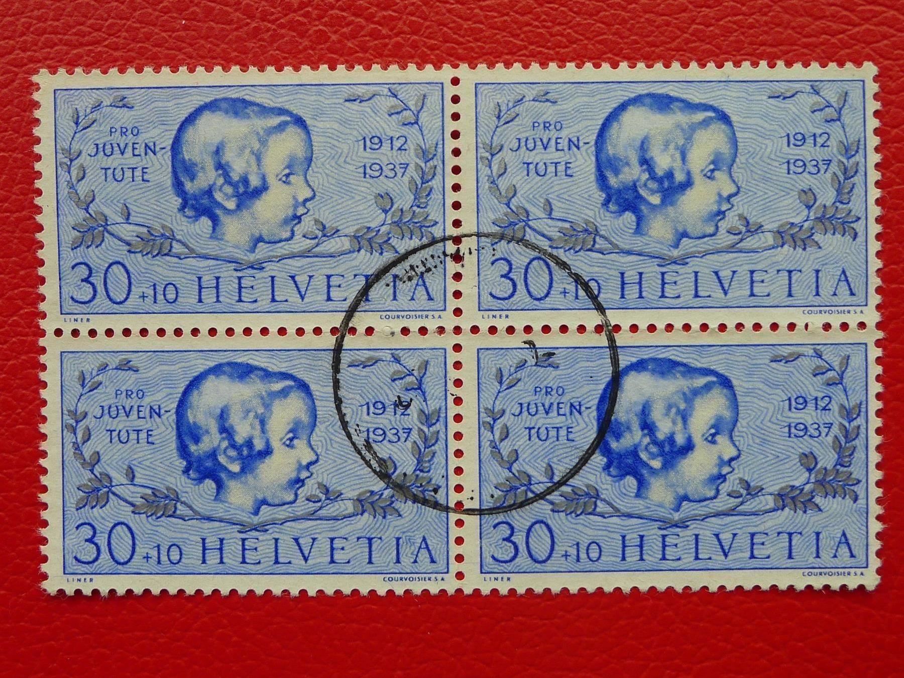 Alle Briefmarken: 1937: J85 im Viererblock gestempelt, Kat: 48.- – Gebraucht aus Sursee von Luzernerraute