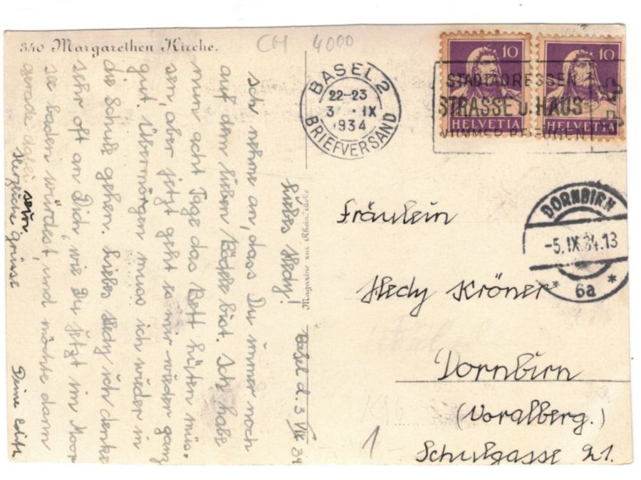 Cartoline postali: Basel Margarethen Kirche Rhein Ansichtskarten 1934 – Usato da Widnau venduto da Seppl480 1