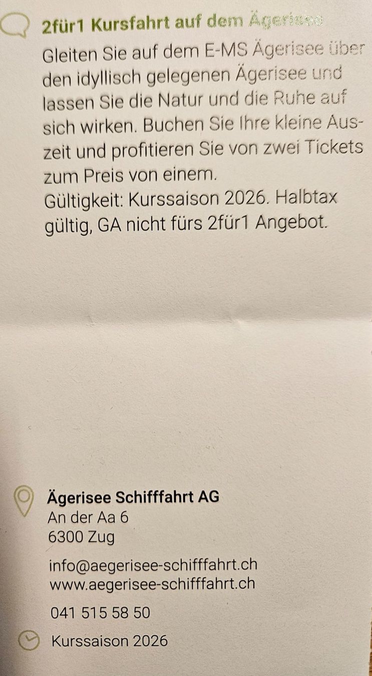 Buoni: Ägerisee Schifffahrt 2 für 1 – Nuovo e nell'imballaggio originale da Uezwil venduto da Jasmin_ 1
