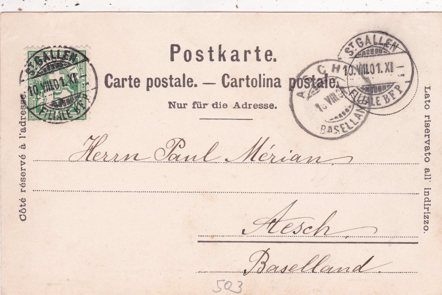 Cartoline postali: Zürich Hauptpost 1901 – Usato da Herisau venduto da Lisegrat2008 1