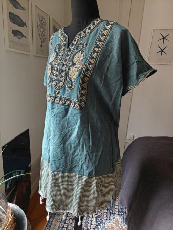Embroidered fouta tunic coverup top dress cotton OS turquois