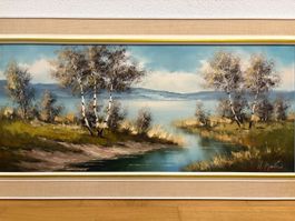 105 cmbreitx 55 cmhoch/ Ölgemälde See Landschaft mit Birken