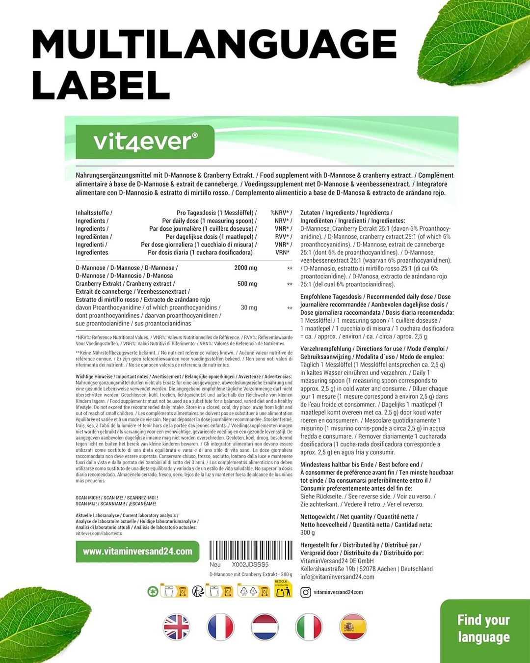 Cibi & Specialità: Vit4ever D-Mannose Cranberry Pulver 300g – Nuovo e nell'imballaggio originale da Suhr venduto da SchnapperCH 5