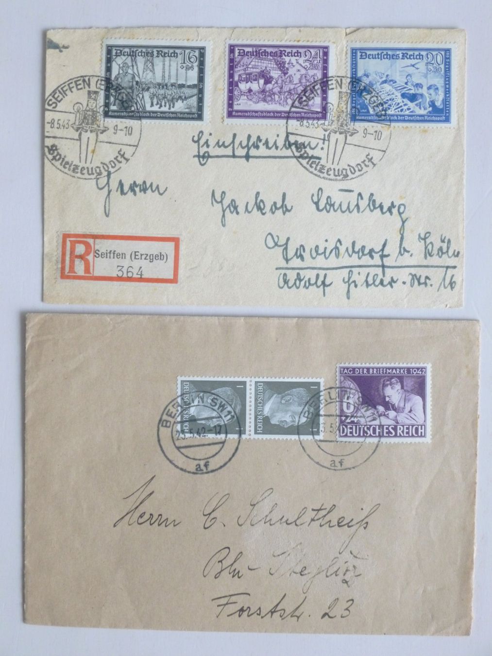 Alle Briefmarken: DR - 2 Briefe 1942 + 1943 mit Sondermarken – Gebraucht aus Uster von schepus23