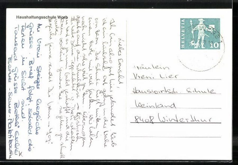 Cartoline postali: Worb, Haushaltungsschule, gelaufen 1967 – Usato da Frauenfeld venduto da POML 1