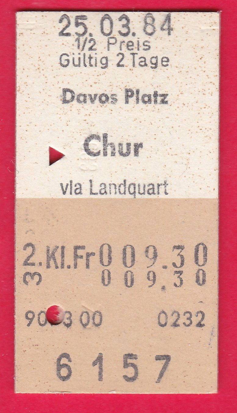 Biglietti: KARTON BILLETT, DAVOS-PLATZ - CHUR, 2.KLASSE,EINFACH,HALBTAX – Usato da Oberrieden venduto da Gebirgsstelze