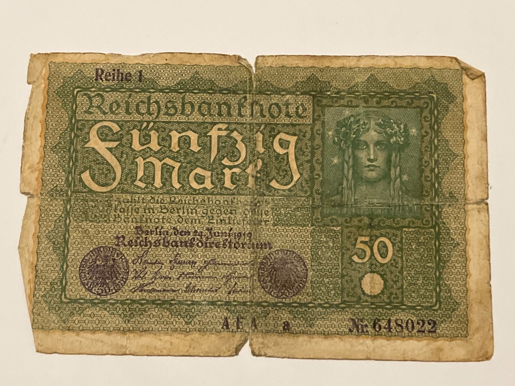 Banknoten: historische alte 50 fünfzig Mark Juni 1919 – Gebraucht aus Hergiswil NW von SLDM