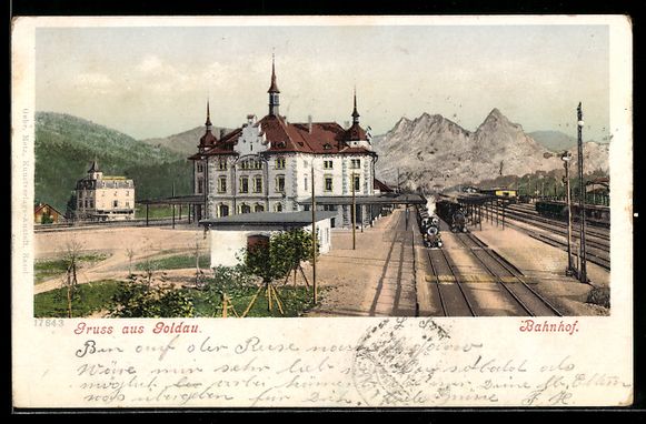 Cartoline postali: AK Goldau, Bahnhof mit Bergen, 1903 – Usato da Berlin venduto da bartko-reher