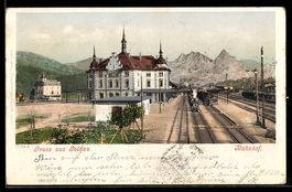 AK Goldau, Bahnhof mit Bergen, 1903