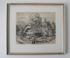 Emmentaler Bauernhof mit Stöckli 1947 Kohlezeichnung