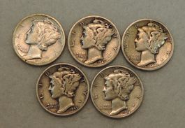 5 Stück USA Mercury Dime, 0900 Silber