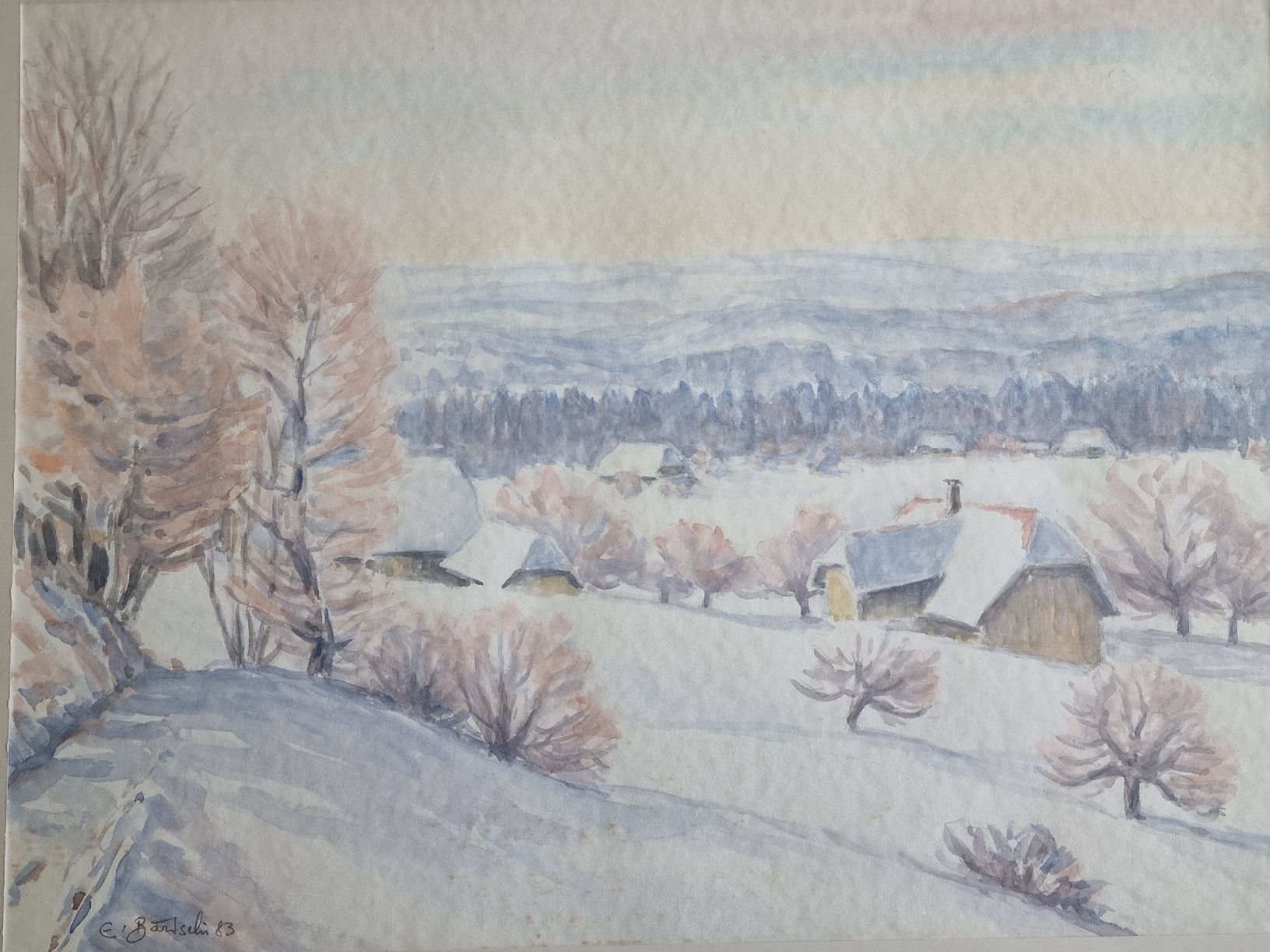 Dipinti: Original Aquarell von Emil Bärtschi, Winterlandschaft – Usato da Uster venduto da Worm