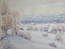 Original Aquarell von Emil Bärtschi, Winterlandschaft