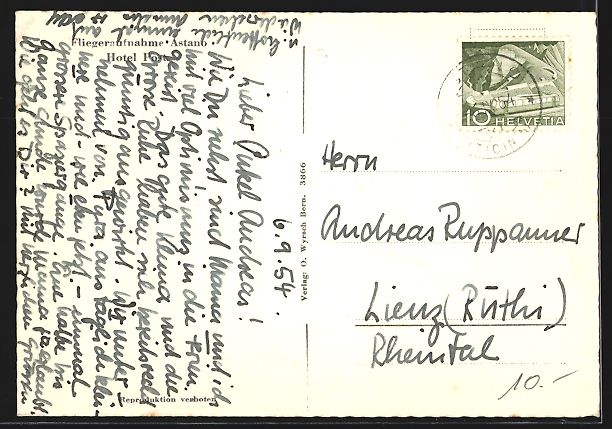 Cartoline postali: Astano, Ortsansicht mit Kirche vom Flugz – Usato da Berlin venduto da bartko-reher 1