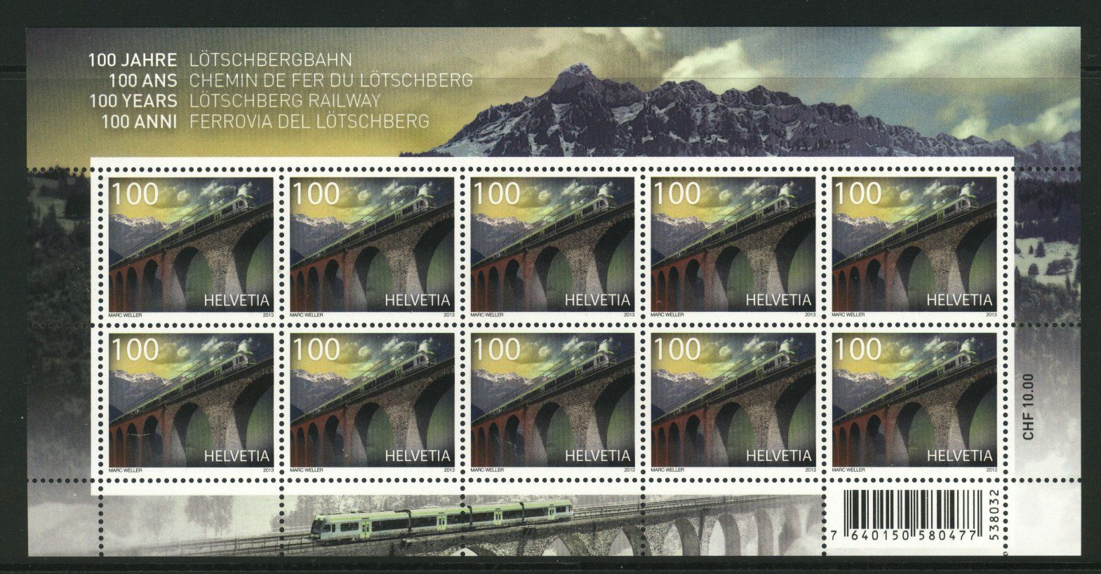 Tutti i francobolli: 2013, 100 Jahre Lötschbergbahn, Kleinbogen ** – Usato da Willisau venduto da Vollstempel