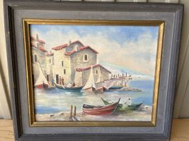 Peinture Port de pêche en Provence, signée Nov. 80, 48x38cm