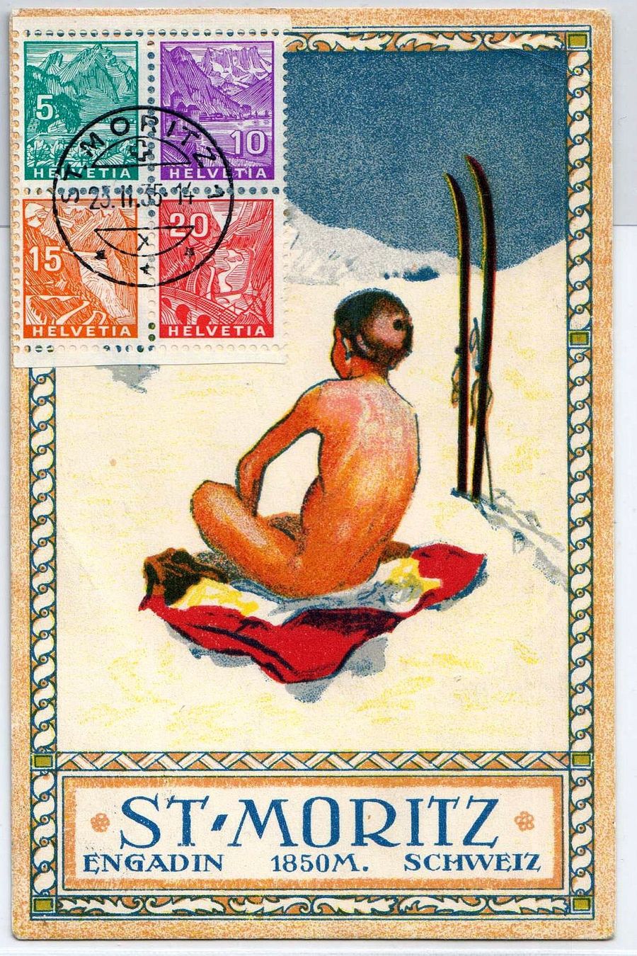 Alle Briefmarken: GR: ST.MORITZ - top Künstler-Winterkarte mit NABA-BLOCK LP!! – Gebraucht aus Luzern von philexpoCH