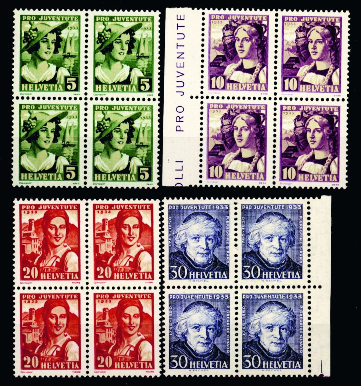 Alle Briefmarken: 1933, Pro Juventute, Viererblöcke ** – Neu (gemäss Beschreibung) aus Willisau von Vollstempel