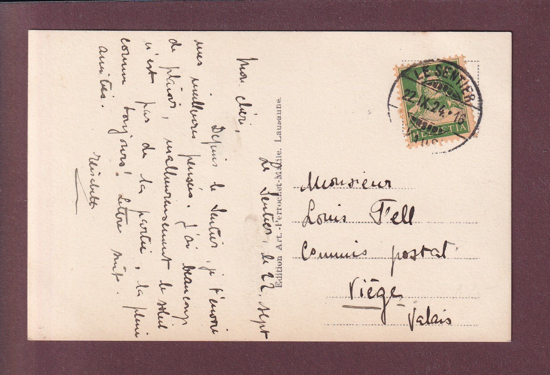 Cartoline postali: LE SENTIER - Partie avec Eglise - 1924 – Usato da Pully venduto da nicecards 1