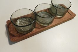 Design 70er jahe Teakholz Snackset mit 3 Rauchglas Schalen