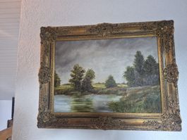 Gemälde Landschaft mit Fluss und Bäumen, verg. Rahmen