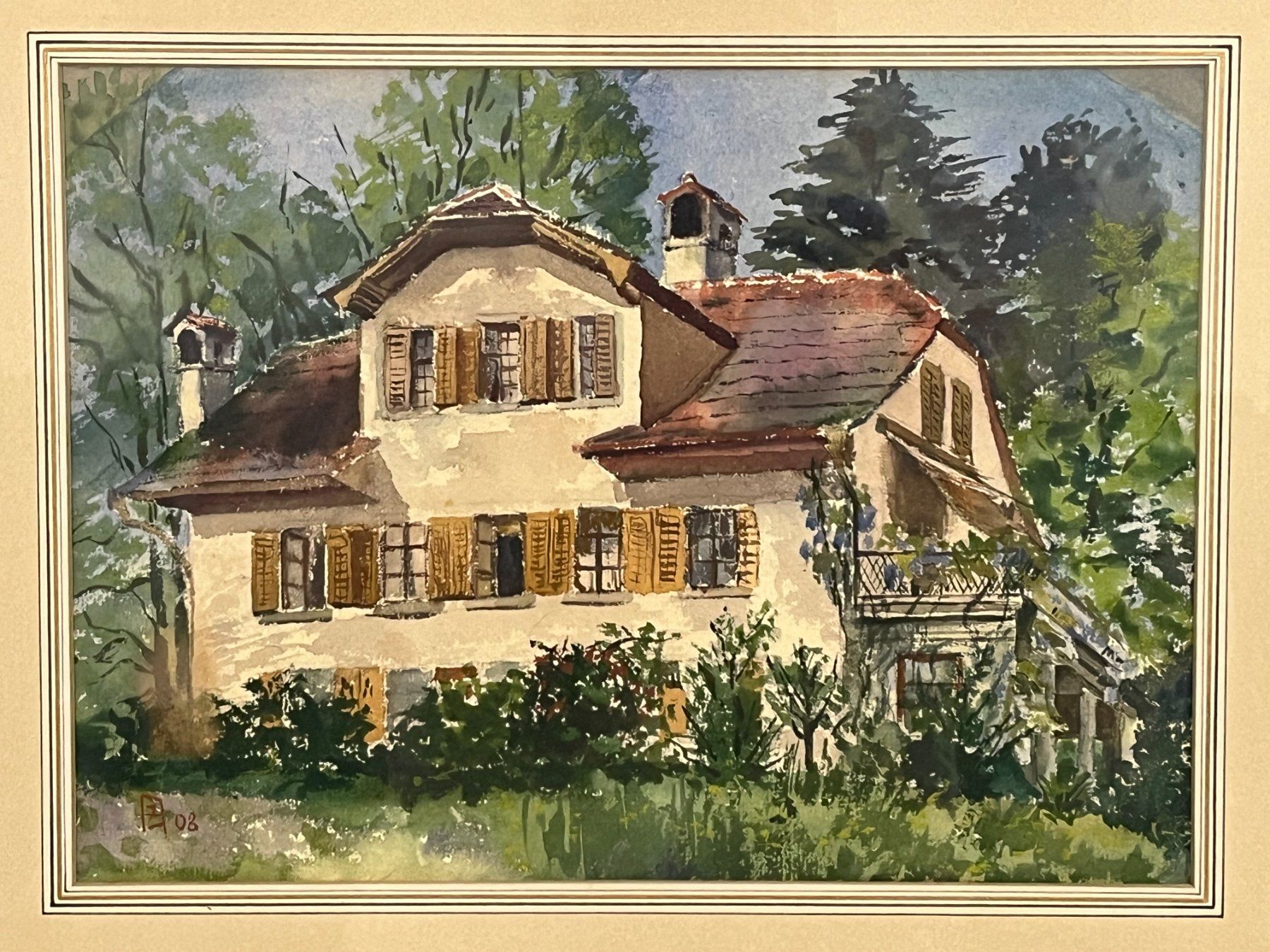 Gemälde: Schweizer Haus, wunderschönes Aquarell im Wald, monogrammier – Gebraucht aus Basel von Kaffee_und_Kunst 2