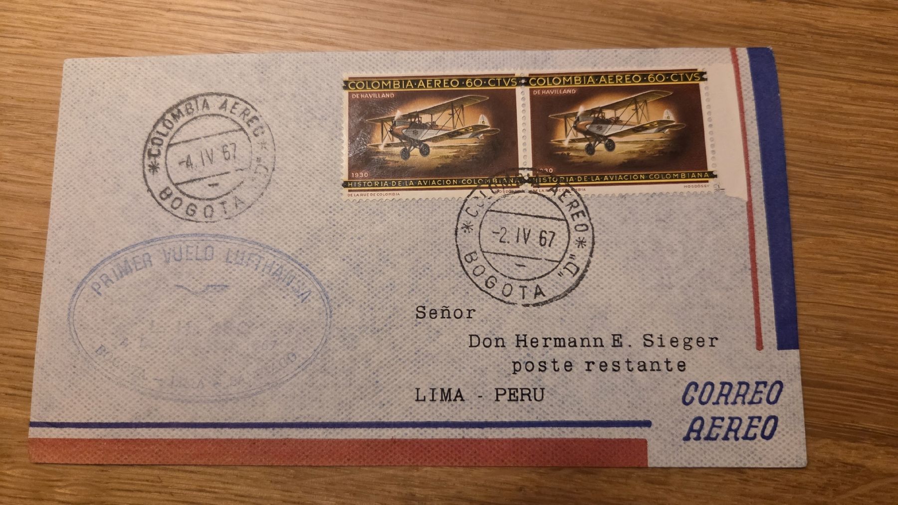 Tutti i francobolli: 1967 Erstflug Lufthansa Bogota -Lima – Usato da Arni AG venduto da Moth68