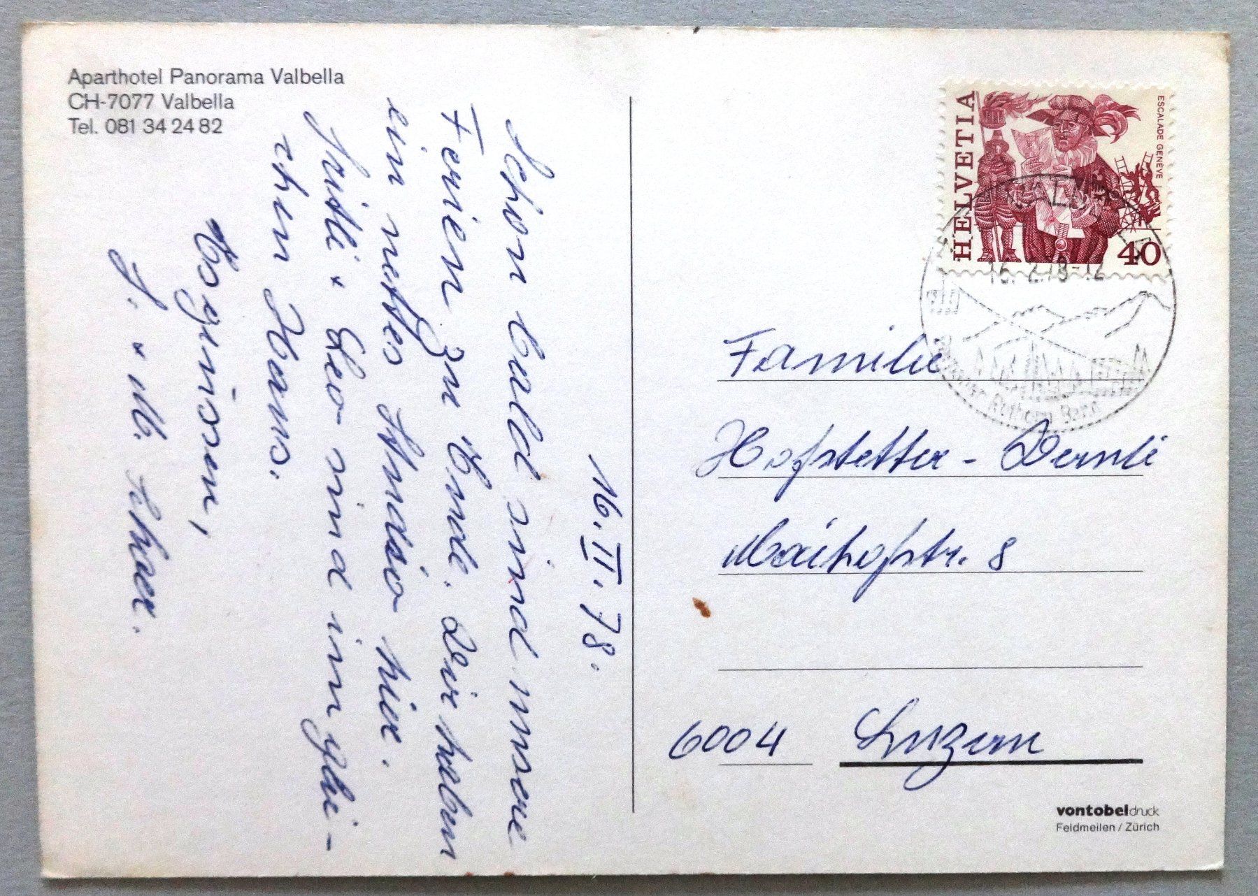 Cartoline postali: Aparthotel Panorama Valbella, Valbella – Usato da Fétigny venduto da Billy2miny 1