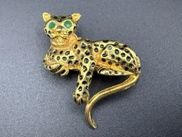 Vintage Goldfarbene Leoparden-Brosche mit grünen Augen