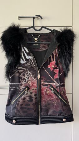 Down Vest with Fur Hood, Floral Print Size S
