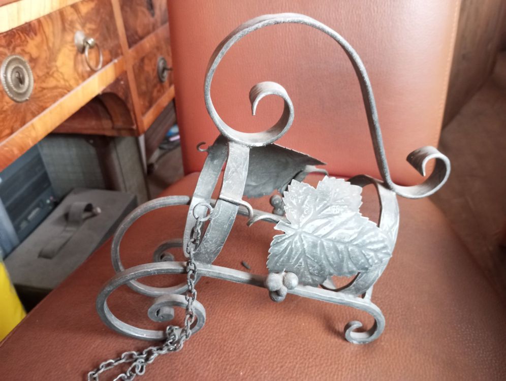Porte-bouteilles En Fer Forgé Et Osier, Poignée, Motifs Feuilles, Capacité 7 Bouteilles