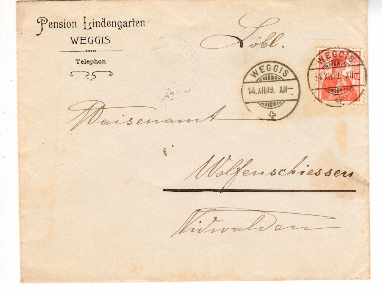 Alle Briefmarken: Brief Pension Lindengarten Weggis 1909 – Gebraucht aus Wolhusen von Curver9