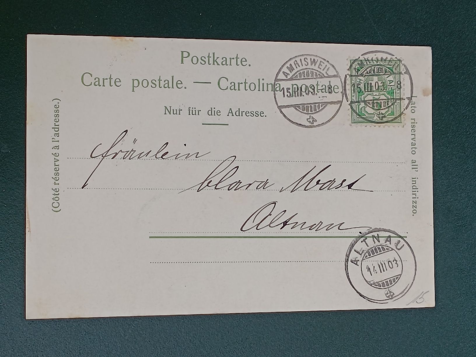 Cartoline postali: Alte PK / Amrisweil - Restaurant Gassmann Bahnhof - 1903 – Usato da Brugg AG venduto da Ente015 1